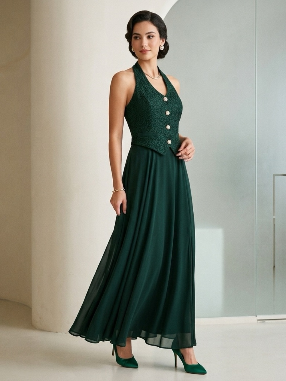 Vintage Deep Forest Green Halter Tuxedo Vest Maxi Dress Gown Size 5/6